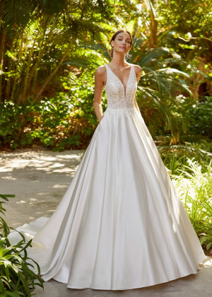 Beaded Ivory Lace Satin Sheer Back Affordable Wedding Dress